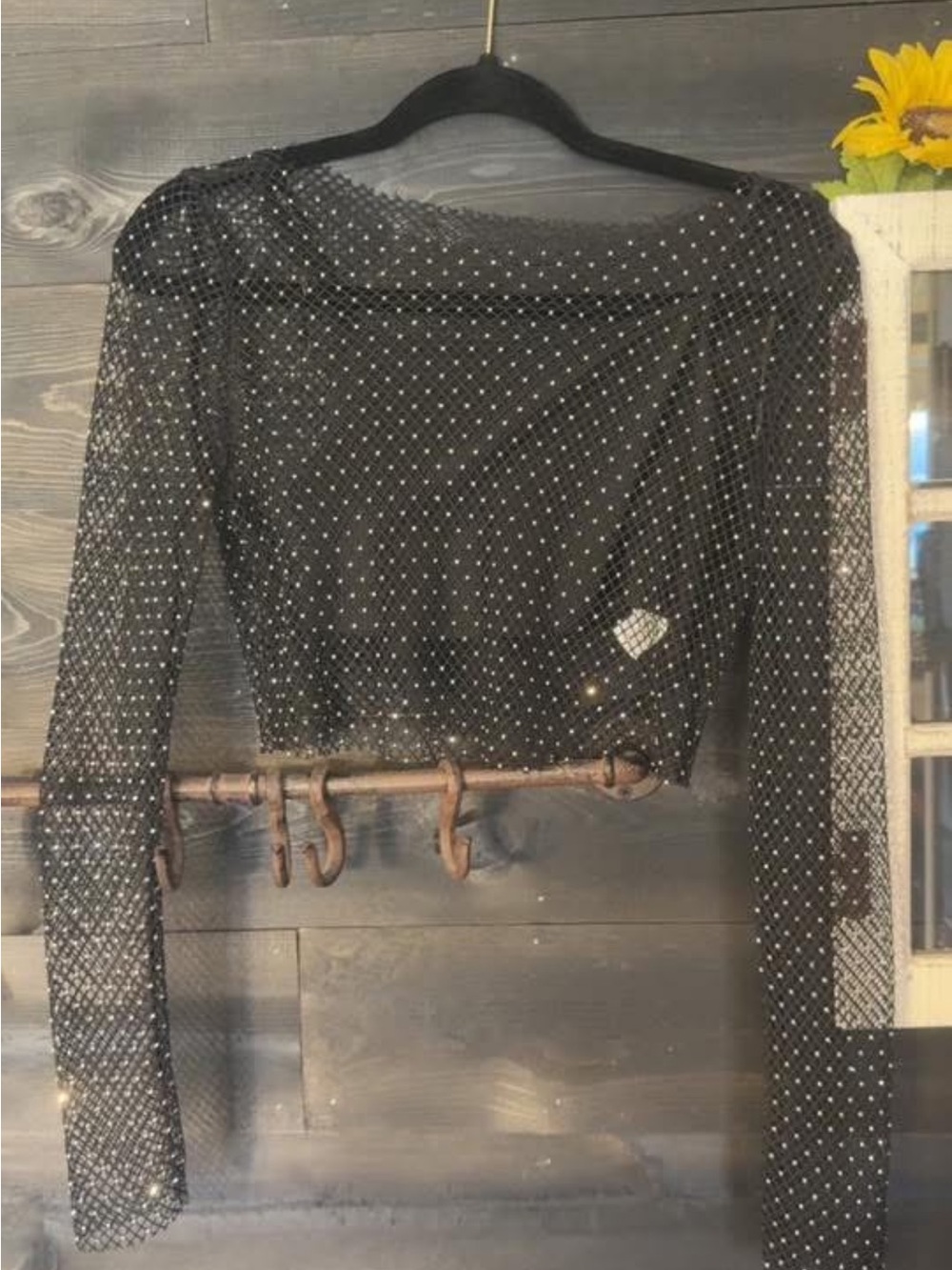 Sparkle Mesh Long-Sleeve Crop Top - Black